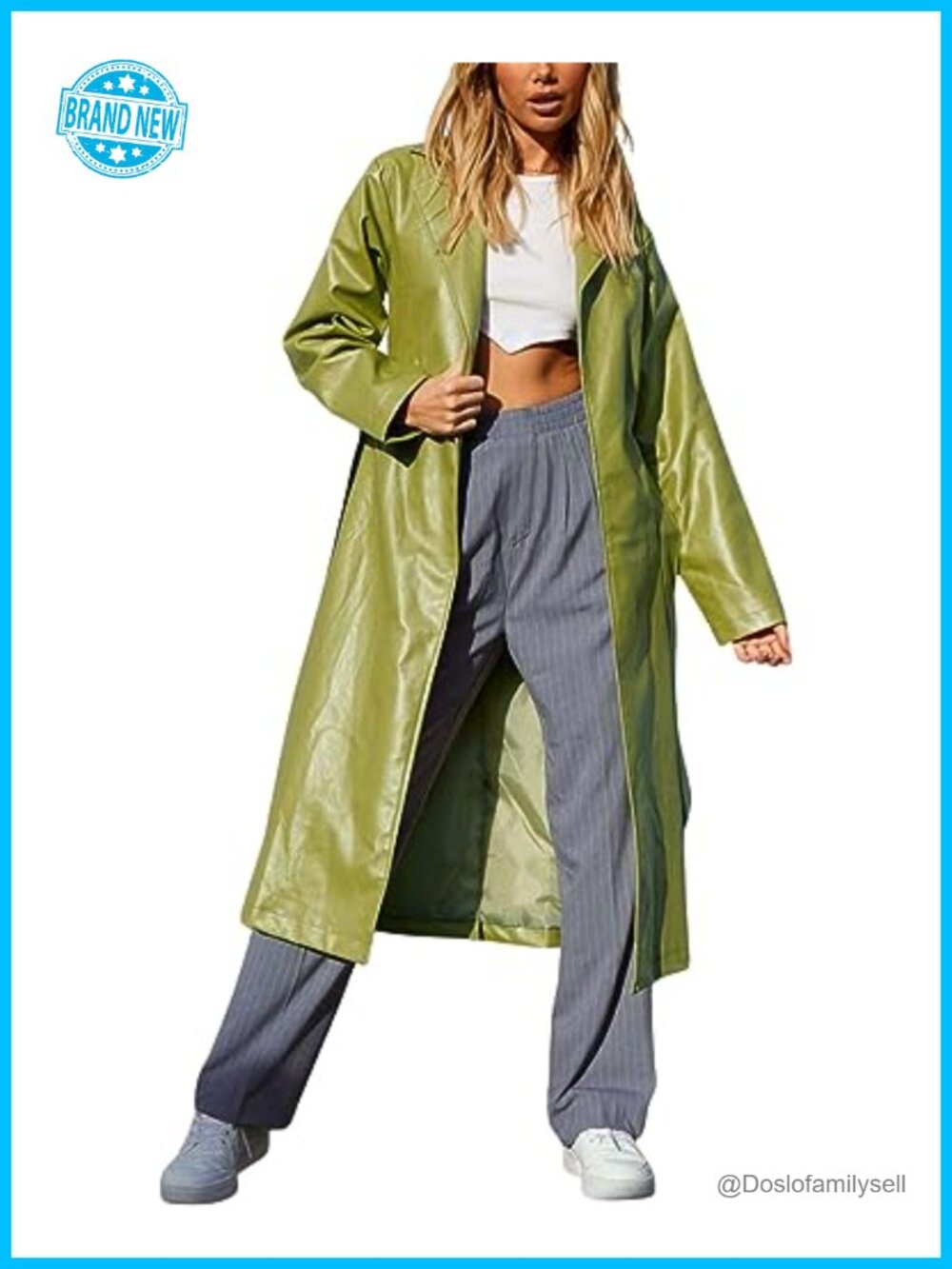 Women's Casual PU Leather Long Jacket Lapel Open Front Trench Coat with Belt